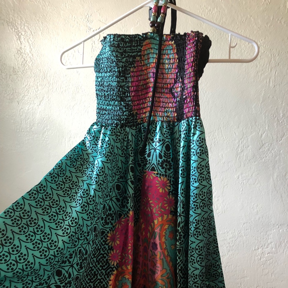 Bohemian-style green and pink dress
